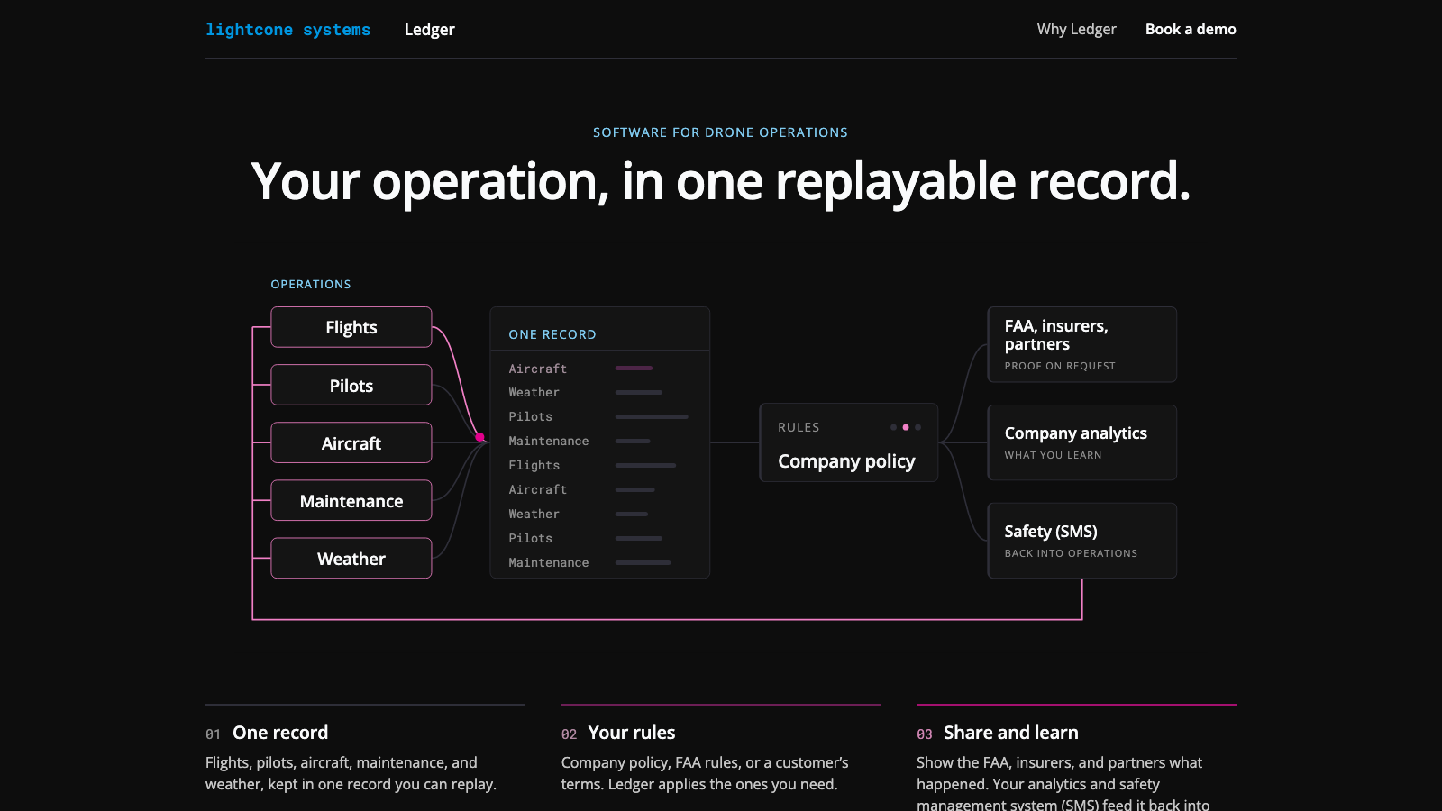 Lightcone Ledger's public site describing one replayable operational record